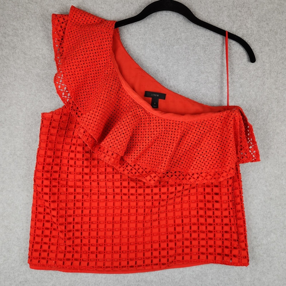 J.Crew‎ Red Geometric Eyelet One Shoulder Ruffle Top Size 8 Asymmetric Boho
